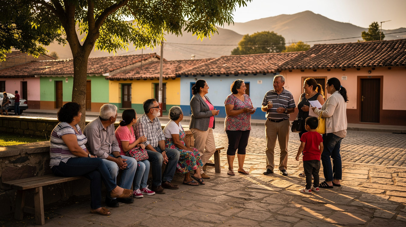 Group of neighbors gathered in a Chilean town square