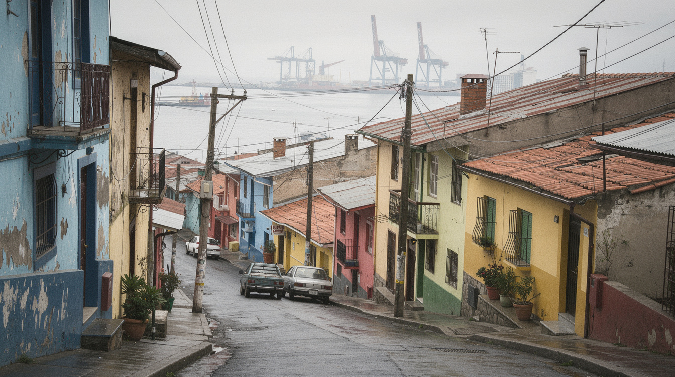 Colorful hillside houses on a steep street in a Chilean port town