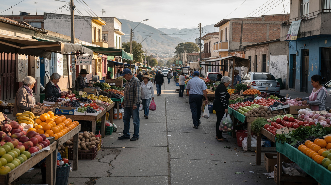 Busy street market in a Chilean city neighborhood